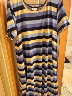 LuLaRoe Striped Tee Dress in Navy, Light Blue & Yellow
